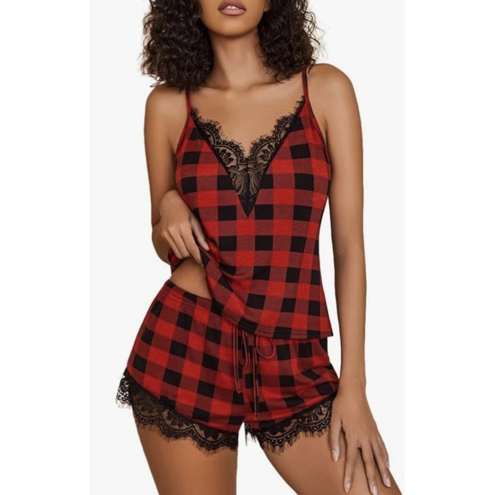 Avidlove Red Plaid Sleep Set Shorts and Tank Top Size Large New with Tags